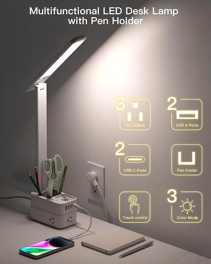 Addtam Desk Lamp with Pen Holder, LED Desk Lamps for Home Office, Power Strip with 3 Outlets 4 USB Charging Ports(2 USBC), 3 Color Modes Touch Lamp, Study Lamps for College Dorm Room Essentials, White