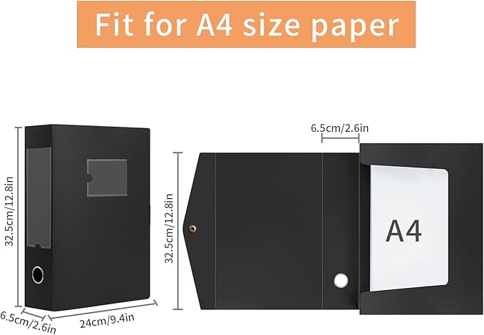 HUA JIE 2 Pack A4 Storage File Boxes Archives Case,65mm Spine,Box File Document Storage Box for Office School -Black
