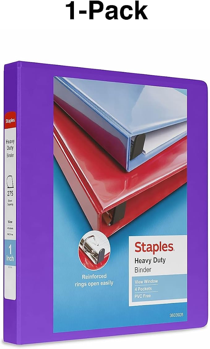 Staples Heavy-Duty 1-Inch 3-Ring View Binder, Purple, 275 Sheets | Durable binder for everyday school and office document organization.