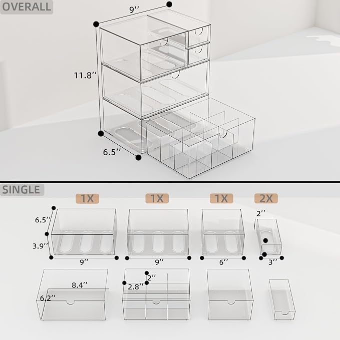 Clear 5-Drawer Stackable Desk Organizer Storage Set | Unique nine-grid drawer, Acrylic, Separate drawers, Dustproof, Easy to clean, for Office supplies, Pens, Jewelry, Makeup