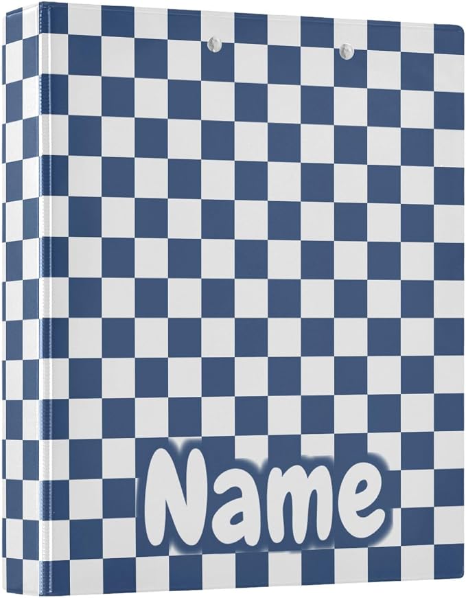 Custom 3 Ring Binder Blue White Checkered Plaid 1.5" Round Ring Binders Personalized Name View Binder with 200 Sheet for Kids School Supplies Women Men Office, 1 Pack