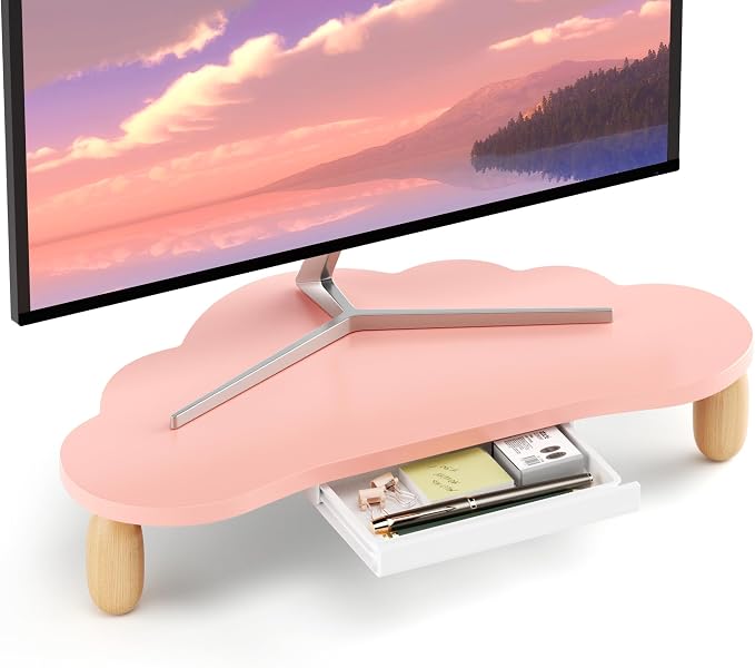 AFOOYO Monitor Stand Riser,Cloud-Shaped Sturdy Wood 16.5In Computer Monitor Riser Wirh Drawer, Multi-Purpose Desktop Organizer Riser for Computer,Laptop,Printer,TV,Pink