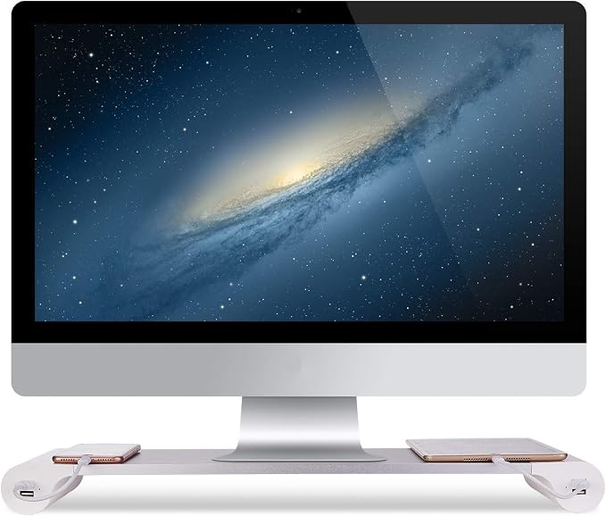 PG Silver Monitor Stand Riser with 4-Port USB Charging ports, Convenient keyboard organiser,Desktop Organizer for Computer, Laptop, TV, Printer - Ergonomic Keyboard Tray & Storage Shelf.