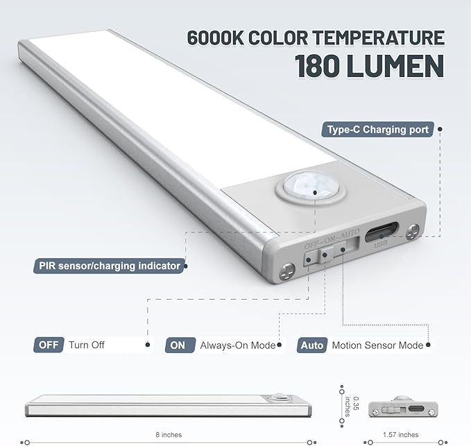 6 Pack Under Cabinet Lighting, 32 LED Motion Sensor Light Indoor Rechargeable Magnetic Closet Lights Battery Operated, Under Counter Lights for Kitchen, Wardrobe, Hallway, Stairs White Light