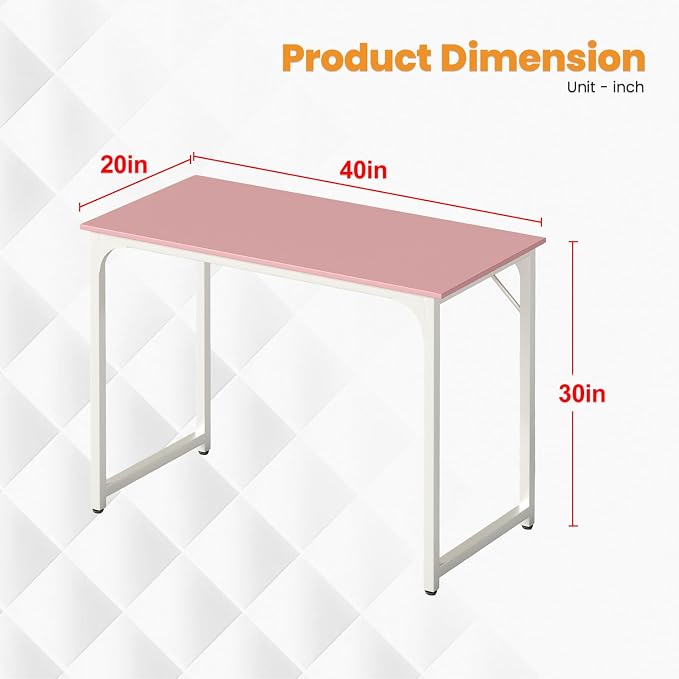 PayLessHere | 39 Inch Computer Desk | Pink | Office Desk with Metal Frame, Adjustable Feet | Water-Resistant, Scratchproof Surface | Sturdy Writing Table for Home Office or Study | Pack of 1
