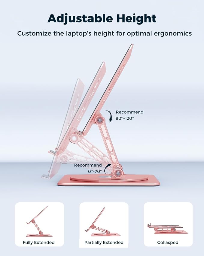 Aoviho 360° Rotating Laptop Stand for Desk | Adjustable, Foldable, Portable Aluminum Ergonomic Riser | Compatible with MacBook, Dell, HP & All Laptops 10-16 inch | Rose Gold