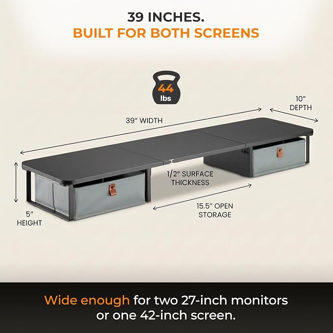 DuoStand Plus - 39” Dual Monitor Riser for Desk with 2 Drawers - Wood & Steel Double Monitor Stand with Storage - Desk Organizer Shelf for Desktop Computer, Laptop, TV & Printer (Matte Black)