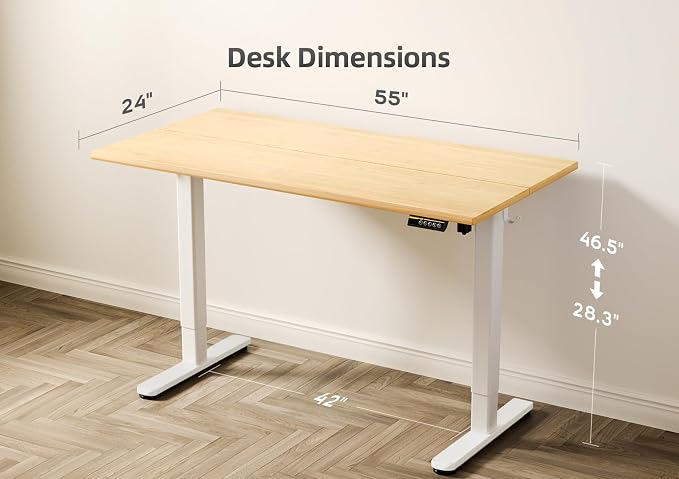 Claiks Electric Height Adjustable Standing Desk, 55x24 Inch, Bamboo | Smooth Height Adjustment, 3 Memory Presets, Cable Management Hub&Hook, Stable Steel Frame, 176lbs Capacity, Easy Assembly