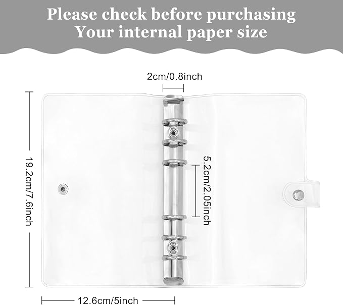 6 Pack PVC A6 Binder Transparent 6 Ring Binder Clear Soft PVC Notebook Cover Budget Planner Folder Cover with Snap Button