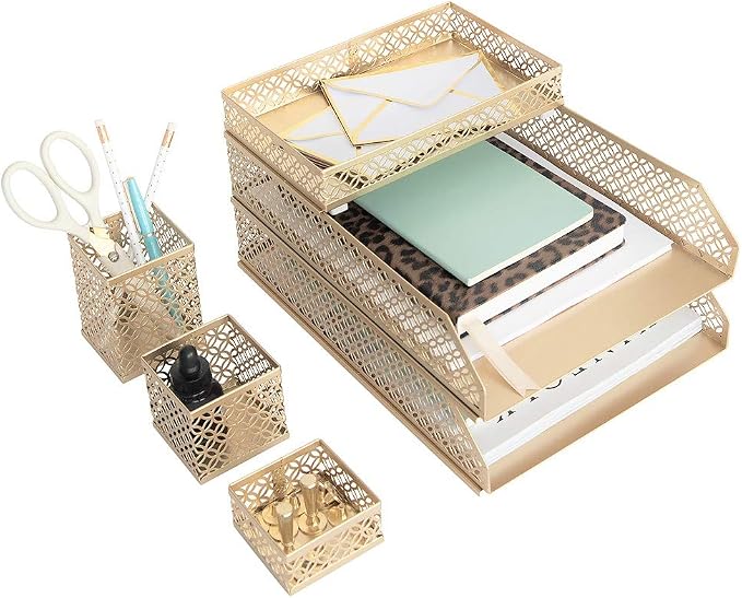 BLU MONACO | Gold Desk Organizer Set for Women 6 Piece | Mail Sorter Organizer Countertop with Letter Sorter for Desk | Steel Desktop Organizer with Mesh Pen Holders