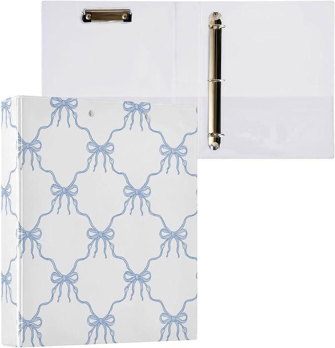Aslsiy 3 Ring Binder 1.5 Inch Cute Blue Coquette Bow Round Clipboard Binder White Decorative Harcover Binders Organizer for Office Supplies
