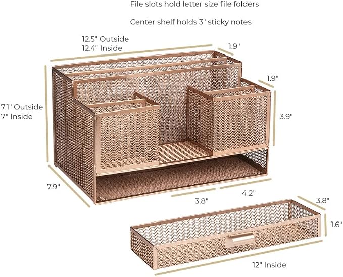 BLU MONACO | Rose Gold Desk Organizer with Sticky Note & File Holder | Metal Mesh Desktop Organizer with Large Drawer & 8 Compartments | Stylish Office, Vanity & Countertop Storage
