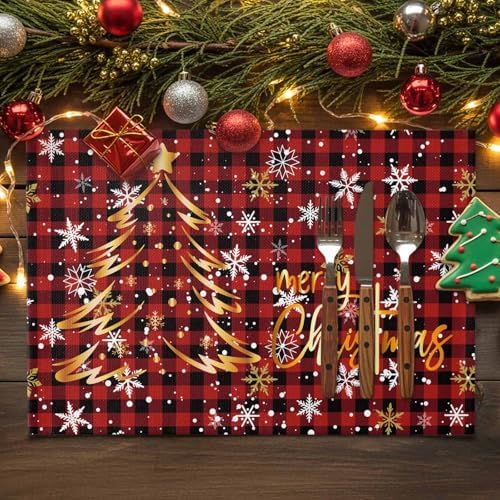 Merry Christmas Placemats Set of 4, Gold Xmas Tree Heat Resistant Washable Table Place Mats Red Black Buffalo Plaid Pattern Cotton Table Linens Party Holiday Decor for Kitchen Dining Outdoor Indoor