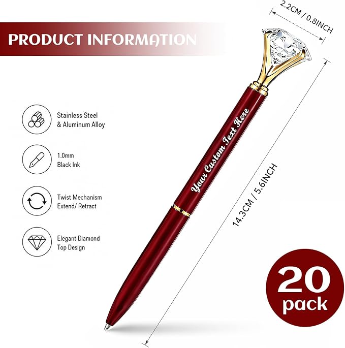 HISHER 20 Pack Custom Crystal Ballpoint Pens Smooth ABS Plastic Twist Pen