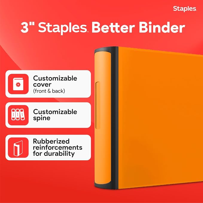 Staples 3 Inch D-Ring Heavy-Duty View Binder, Orange, Holds 600 Sheets | Reinforced 3-ring construction for school and office document storage.