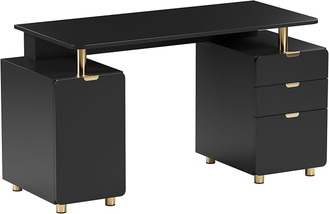 Techni Mobili 57"W Computer Desk w/ 3 Drawers & Storage Cabinet, Black/Gold | Home office workstation, durable construction, everyday productivity, Ideal for home office, Workspace organization