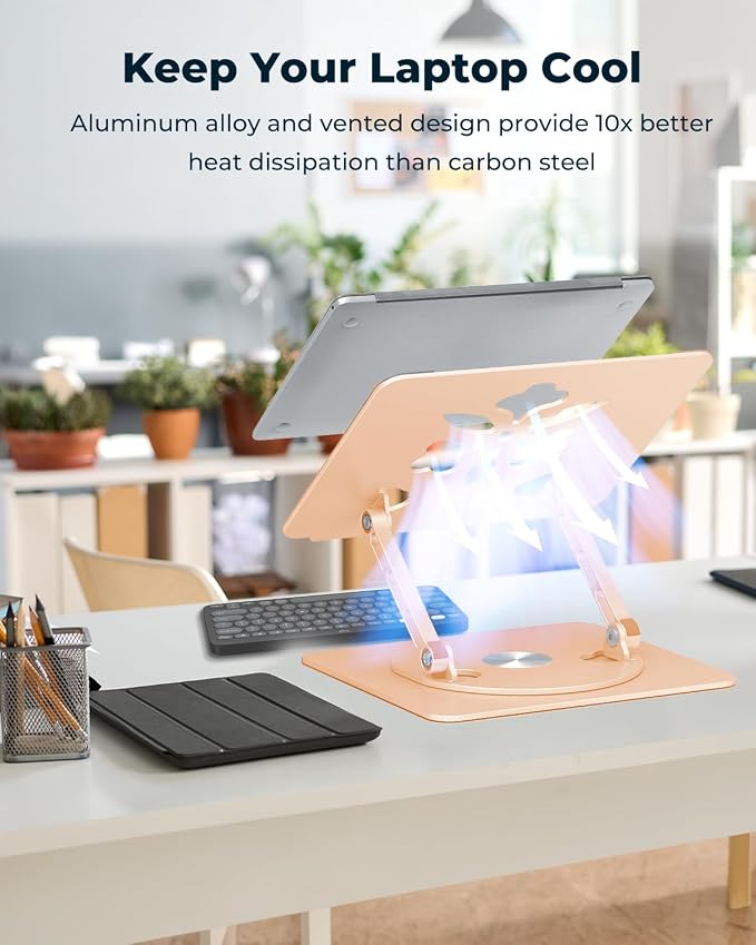Aoviho 360° Rotating Laptop Stand for Desk | Adjustable, Foldable, Portable Aluminum Ergonomic Riser | Compatible with MacBook, Dell, HP & All Laptops 10-16 inch | Gold