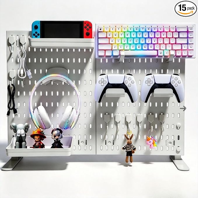 Gaming Desk Organizer, No-Drill Freestanding Desk Pegboard with Headphone Stand, Controller Holder, Keyboard Stand & Shelves, 5-in-1 Gaming Setup Accessories for Dorm Room & Home Office, White