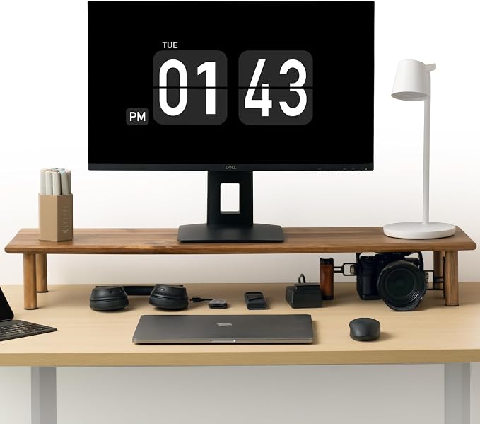 Dual Monitor Stand Riser, Acacia Wood Desktop Shelf with Storage | 39.37-Inch Wide, Under-Shelf Storage for Keyboard, Mouse and Laptop, Fits Two 24-Inch Monitors in Home Office