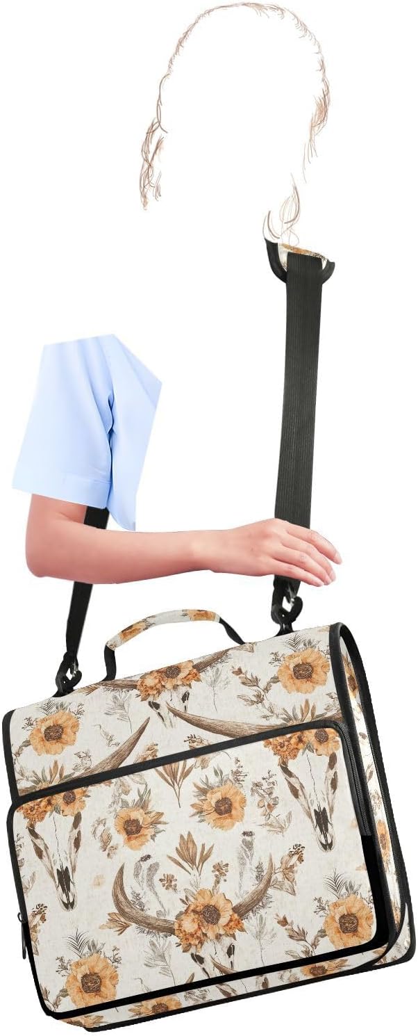 Western Boho Cow Skull Flower Zipper Binder with Shoulder Strap Bag 3 Ring Binder Organizer Large Capacity Multiple Compartments for School Office