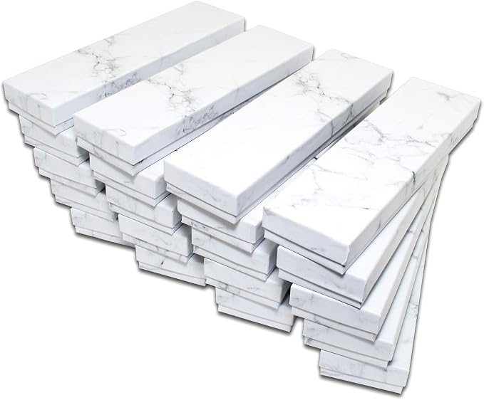 TheDisplayGuys 100 Cardboard Jewelry Gift Boxes with Inserts - Marble White | Size #82 - 8.0" x 2.0" x 1.0", Lids, Cotton Filled Padding, Kraft Paper, Bulk Pack Case, for Shipping, Organizers, Storage