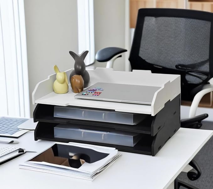 A3 Stackable Paper Tray, 3 Tier Desk File Organizer, Desktop Organizer for Office Supplies, File Storage, Letter Organizer /A3 Office File Folder,Home or Office School, White (Landscape-White-3-Tier)