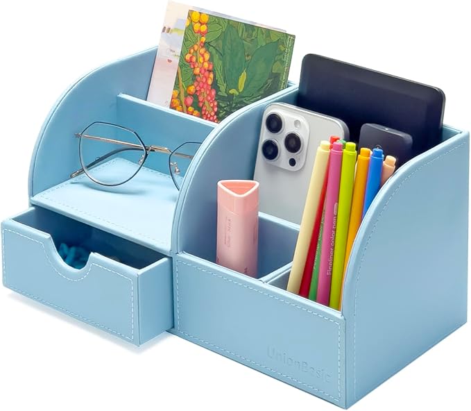 UnionBasic Desk Organizer - Multifunctional Leather Desktop Pen Holder Storage Box - Business Card/Pen/Pencil/Mobile Phone/Stationery Holder, Blue
