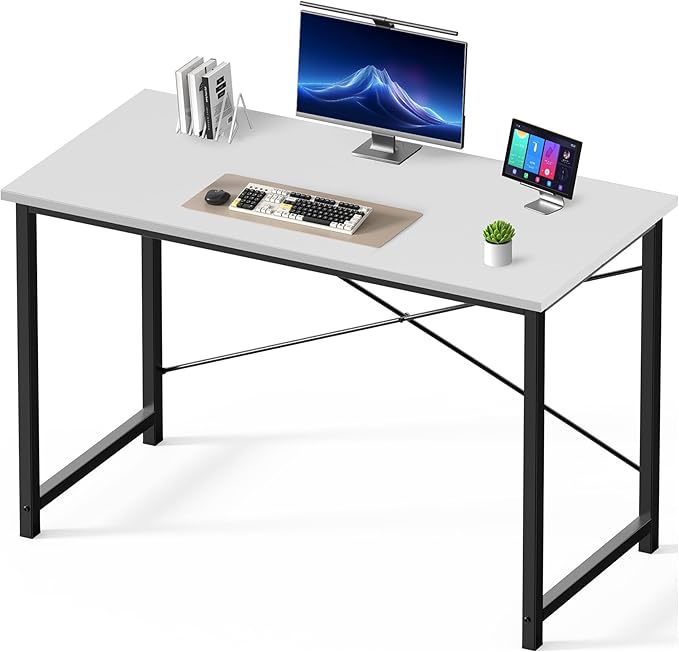DUMOS 47 Inch Small Computer Desk, Gaming Desks for Home Office Bedroom | Modern Study Writing Work Table, Craft PC Desk Simple Workstation with Reinforcement Structure, Modern White