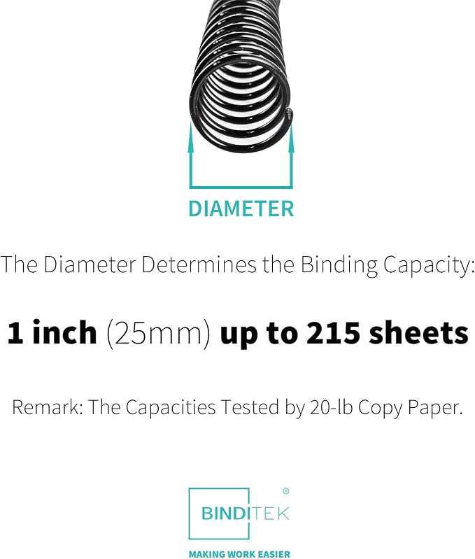 Binditek Plastic Spiral Binding Coils, 25 mm, 4:1 Pitch, Black, 50 Pack | Coil Binding Spines, 1", 215 Sheet Capacity, 48 Loops, for Letter-Size Reports, Presentations, School and Office Projects