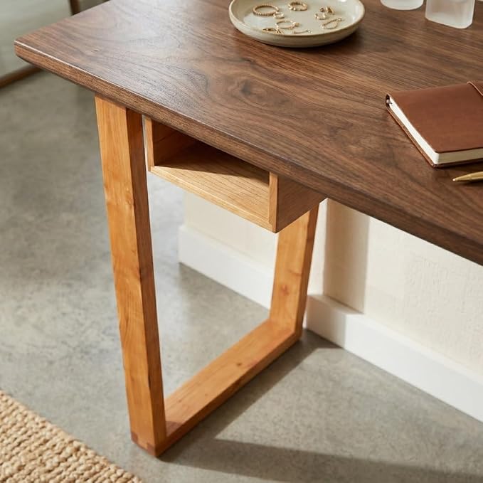 Hives & Honey Aiden Writing Desk, 64” Modern Wood Home Office Desk with Open Storage Compartments, Spacious Work Surface & Trapezoid Legs for Bedroom or Workspace, Oak