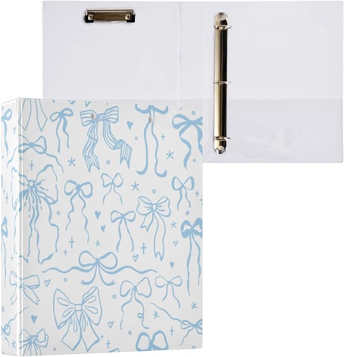 3 Ring Binder 1.5 Inch Cartoon Doodle Blue Bows Clipboards Binders with Interior Pockets Round Ring Binder for Office Supplies and School