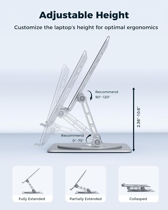 Aoviho 360° Rotating Laptop Stand for Desk | Adjustable, Foldable, Portable Aluminum Ergonomic Riser | Compatible with MacBook, Dell, HP & All Laptops 10-16 inch | Silver
