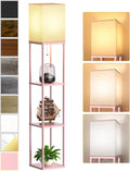 Pink Floor Lamp with Shelves for Living Room, Shelf Floor Lamp with 3 CCT LED Bulb, Corner Display Standing Column Lamp Etagere Organizer Tower Nightstand with White Linen Shade for Bedroom, Office