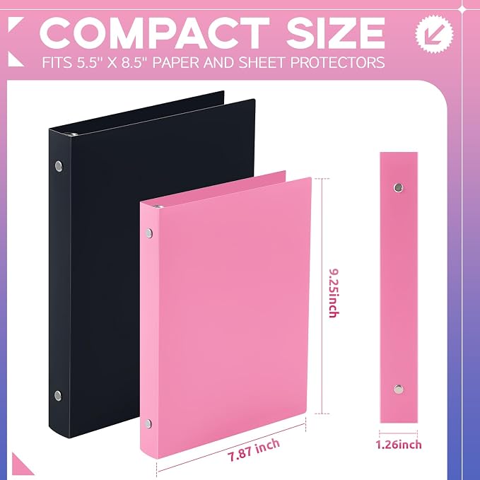 Henoyso 1 Inch 6 Pack Mini 3 Ring Binders for 5.5"x8.5" Paper,Pink | Holds 200 Sheets, Plastic Small Binders, Round Three Rings, Flexible PP Covers, School Office, Photo Album Planner Journal