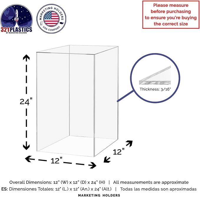 Marketing Holders Acrylic Plinth Display Riser Box with One Open Side Versatile Clear Column 12" x 12" x 24" No Lid Merchandise Socle or Storage Bin or Retail Product Riser No Assembly