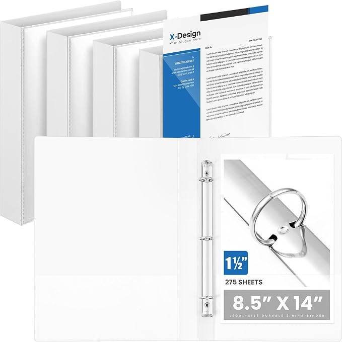 Henoyso 4 Pcs 1.5" Legal Size PP Plastic Binders with View Cover, Durable 3 Ring White Binders for 8.5" x 14" Paper, Hold up to 275 Sheets for Documents, Office, Home, Work Places