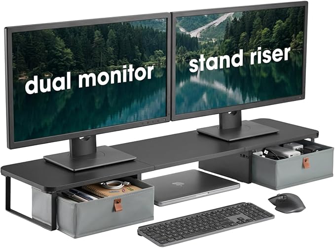 DuoStand Plus - 39” Dual Monitor Riser for Desk with 2 Drawers - Wood & Steel Double Monitor Stand with Storage - Desk Organizer Shelf for Desktop Computer, Laptop, TV & Printer (Matte Black)