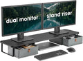DuoStand Plus - 39” Dual Monitor Riser for Desk with 2 Drawers - Wood & Steel Double Monitor Stand with Storage - Desk Organizer Shelf for Desktop Computer, Laptop, TV & Printer (Matte Black)