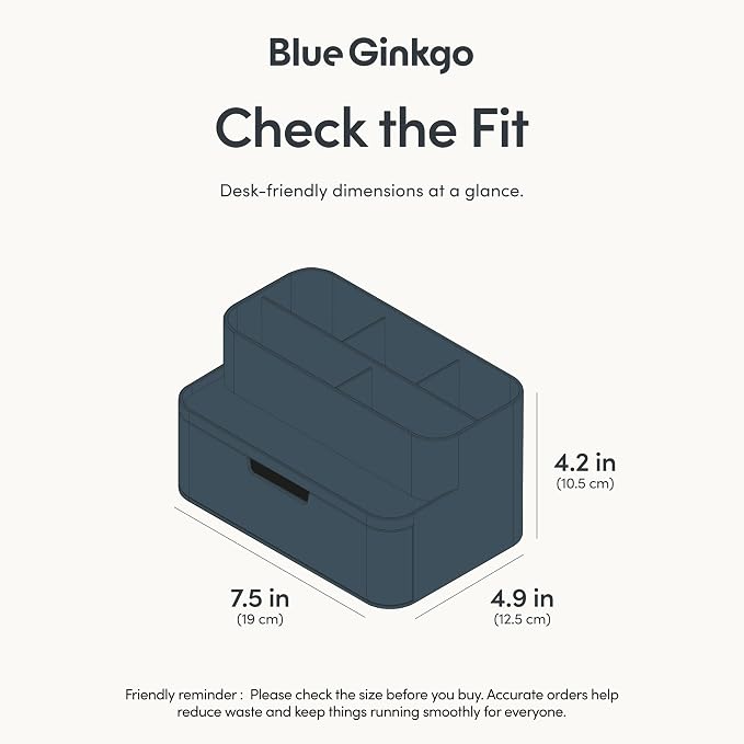 BLUE GINKGO Compact Desk Organizer, Blue, Made in Korea | 5 Compartments. Half Drawer. Space-Saving.