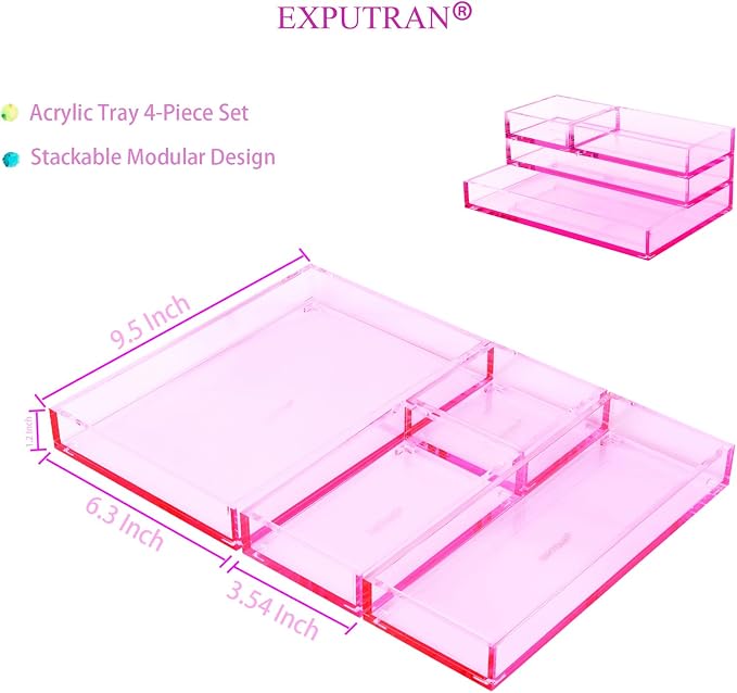 4-Piece Stackable Pink Acrylic Desk Organizer for Office or Home Desk Drawer Dividers, Makeup Vanity Storage Bins, Accessory Acrylic Tray/Half Accessory Tray/Small Tray
