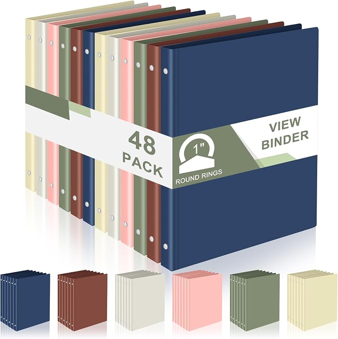 Fulmoon 48 Pack 3 Ring Plastic Binders 1 Inch Bulk with 2 Pockets, Flexible Binder Loose Leaf Hardcover, Fit 12" x 10" US Letter Size Paper, for School Office Home, 6 Colors(Boho)
