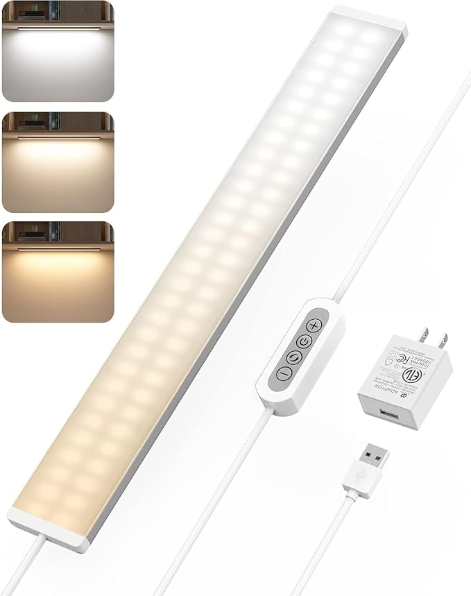 ASOKO Under Desk Light, 16Inch Dimmable LED Under Cabinet Lighting, USB Plug in Cabinet Light for Kitchen/Shelf/Workbench/Cupboard, 3000K/4000K/6000K | ASOKO 16" Under Desk LED Light, 3 Colors Dimmable Plug in Cabinet Light with Memory, Kitchen Workbench