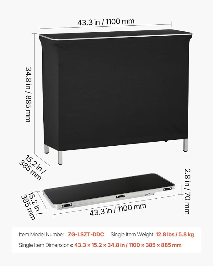 VEVOR Folding Portable Bar Table, 43.3 x 15.2 x 34.8 in, with Carry Bag, Storage Shelf, and Detachable Skirt, Quick and Easy Setup, Foldable Mobile Bartending Station for Events, Party, Tradeshow