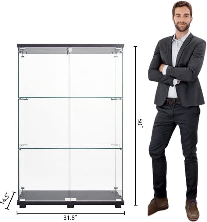 Frameless Glass Display Cabinet, Curio Cabinet with Lock and 2 Doors, Quick-Install Floor Standing Showcase Display Shelf for Collectibles, Legos, Figures, Plants