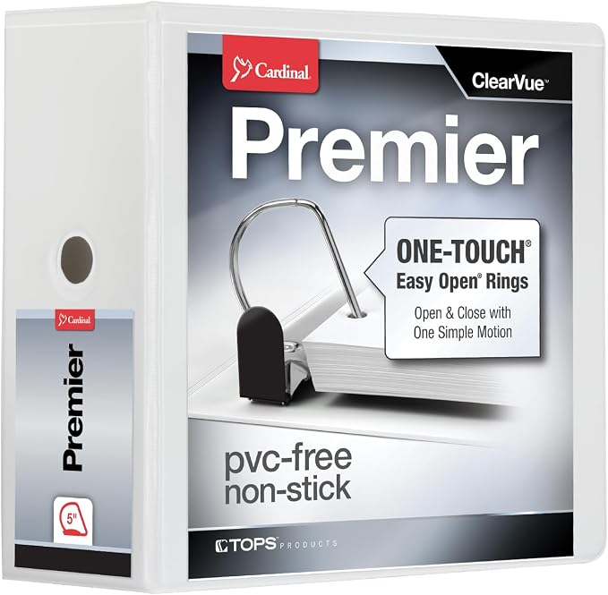 Cardinal 3 Ring Binder, 5 Inch Premier Easy Open Binder, ONE-TOUCH Locking Slant-D Rings, 1,050-Sheet Capacity, ClearVue Covers with Shelf Pull, White (10350CB)