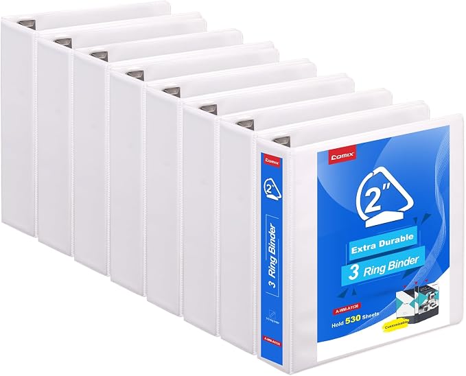 COMIX Heavy Duty Slant-D Ring View Binder, 2 inch 3 Ring Binders, Hold 500 Sheets of 8.5" x 11" Paper, 8 Pack (White)