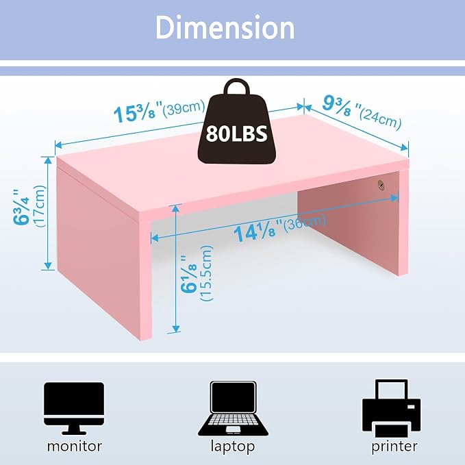 TEAMIX Pink Monitor Stand - 6.7 inch Tall, Wood Riser, Desktop Organizer