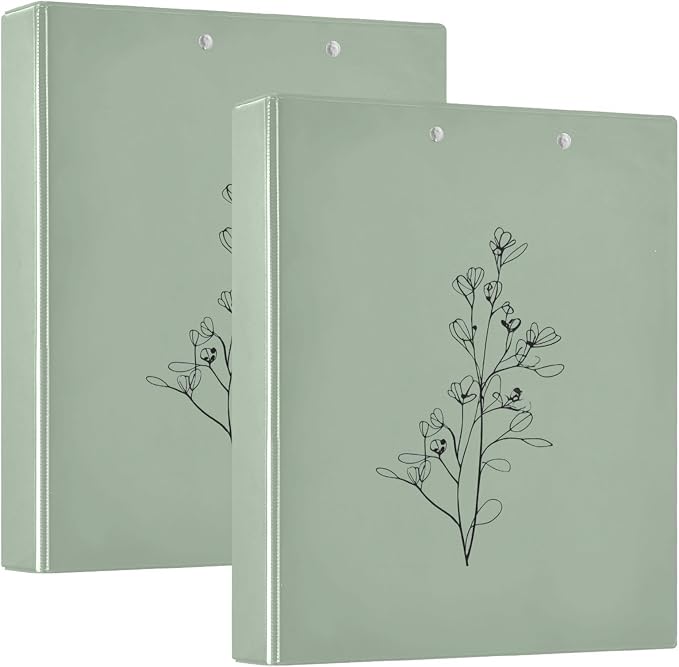Sage Green Minimalist Floral Binder 3 Ring 1.5 Inch Binder with Clipboard&Pockets, Hardcover Binders Heavy Duty Large File Folder for Office School Supplies - Holds 200 Sheets, 2 PC