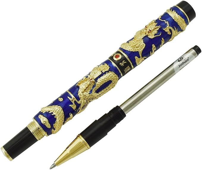 Jinhao Double Dragon Rollerball Pen Blue Cloisonne Enamel Handcraft for Signature and Collection