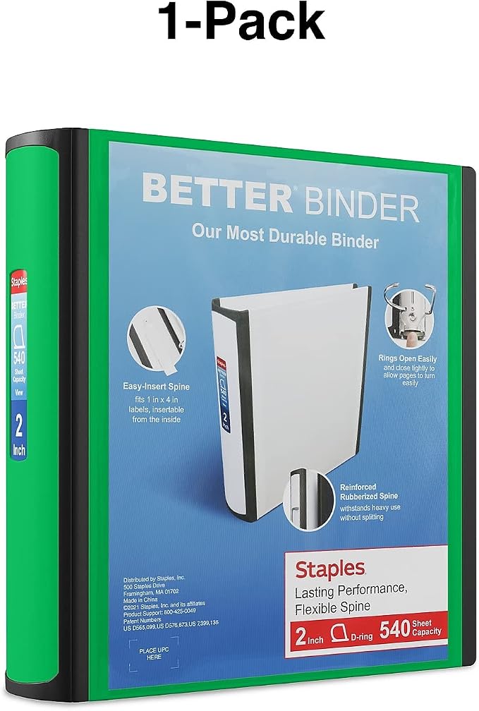 Staples Heavy-Duty 2-Inch D-Ring Binder, Green, Holds 540 Sheets | Large-capacity 3-ring binder with pockets for document storage.